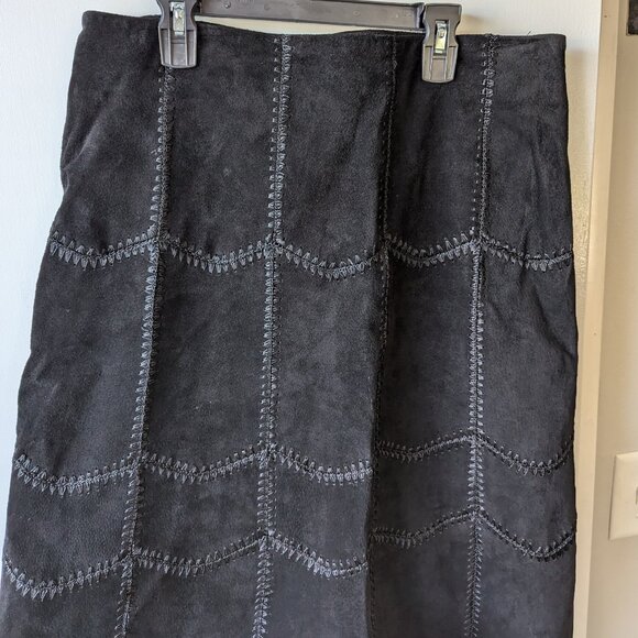 AREA Black Leather Skirt with Patch Stitching Size 12 - Picture 4 of 14